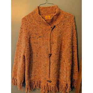 Ruby Rd Women's LS Orange Brown Acrylic Fringe Sweater Size Large Toggle Buttons